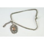 Silver curb link Albert watch chain with silver fob medallion, bolt ring clasp, each link stamped,