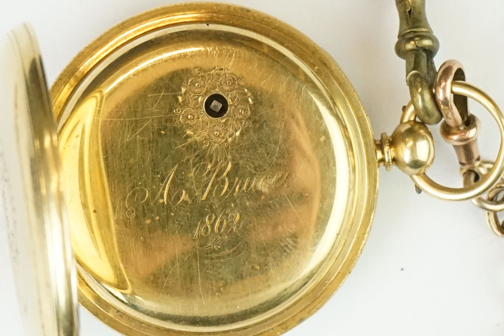 Victorian 18ct gold open face pocket watch mounted with a 9ct gold watch chain. The watch having a - Image 8 of 8