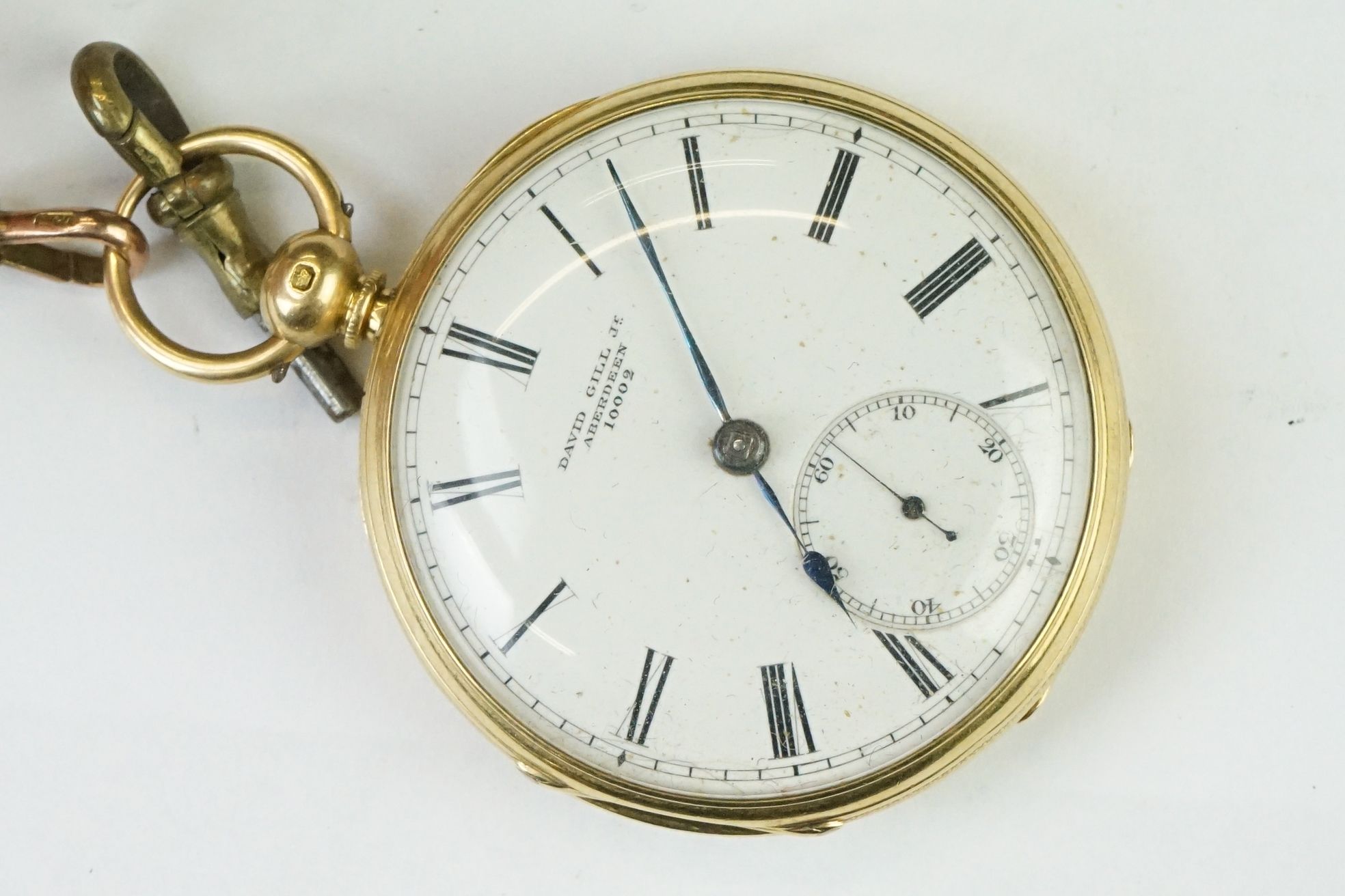 Victorian 18ct gold open face pocket watch mounted with a 9ct gold watch chain. The watch having a - Image 2 of 8
