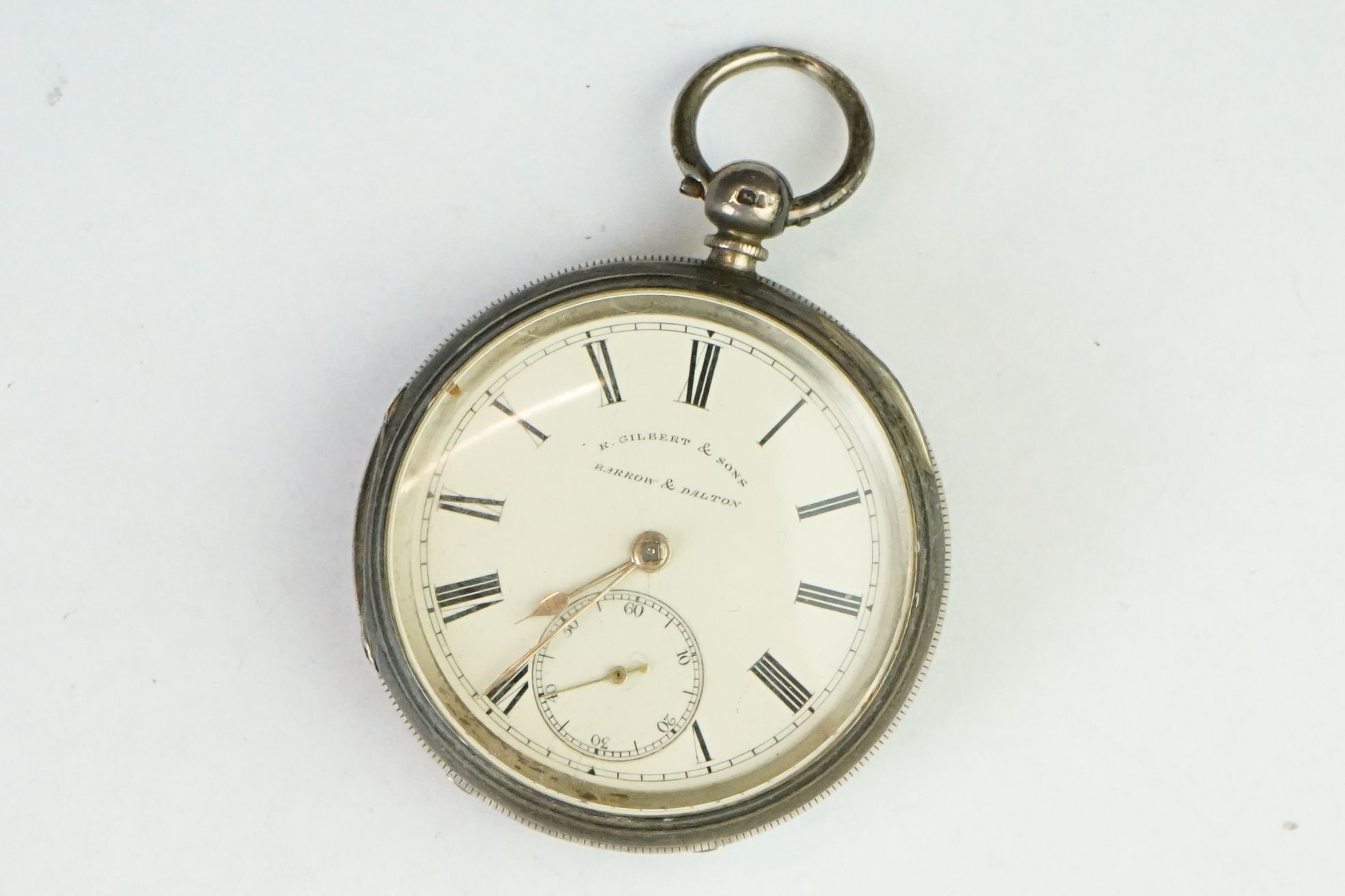 Victorian silver open face key wind pocket watch, cream enamel dial and seconds dial, black Roman