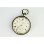 Victorian silver open face key wind pocket watch, cream enamel dial and seconds dial, black Roman