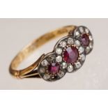 19th century ruby and diamond 18ct yellow gold and silver set three head cluster ring, three