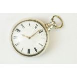 William IV silver pair case key wind pocket watch, white enamel dial, black Roman numerals, gilt