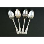 Set of four Victorian John James Whiting spoons each having moulded shell terminals. Hallmarked