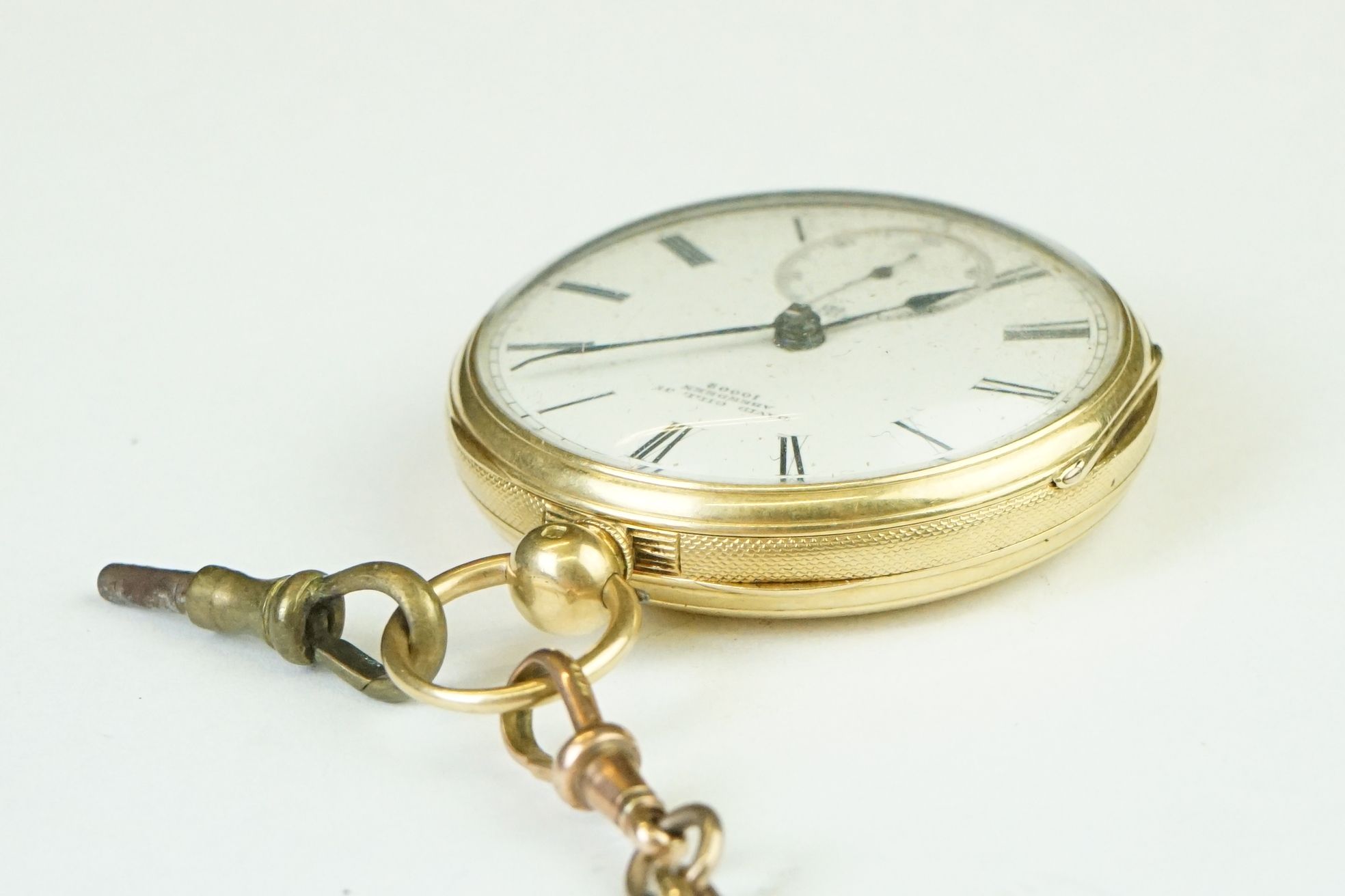 Victorian 18ct gold open face pocket watch mounted with a 9ct gold watch chain. The watch having a - Image 5 of 8