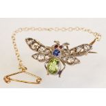 Diamond, peridot, ruby and sapphire insect brooch, the rose cut oval peridot rubover set,