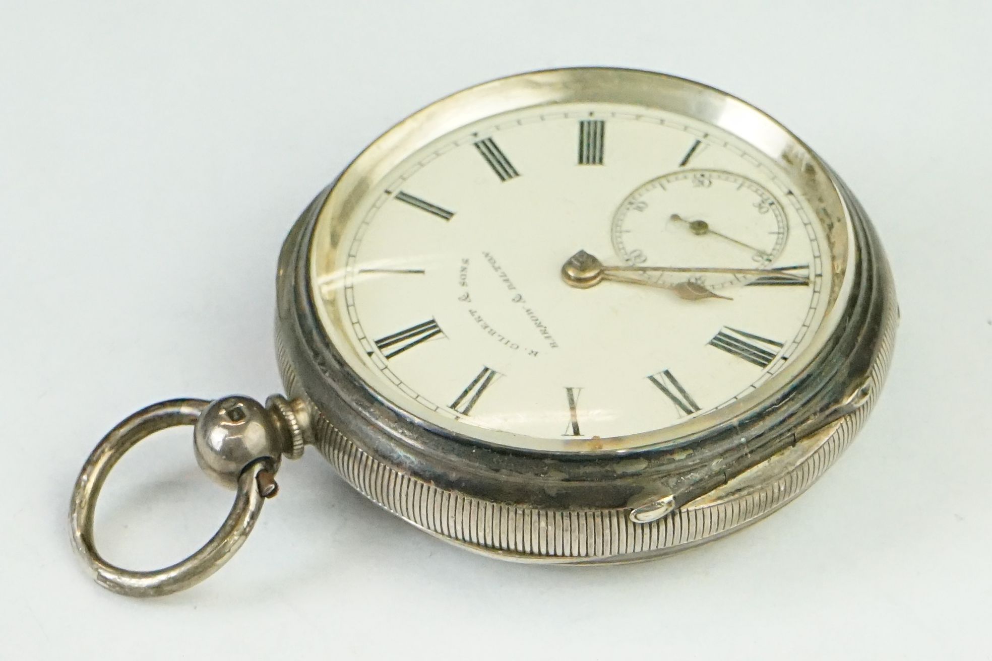 Victorian silver open face key wind pocket watch, cream enamel dial and seconds dial, black Roman - Image 3 of 4