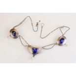 Art Nouveau pearl and enamelled silver necklace, the central panel with enamelled heart shaped