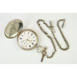 19th Century Irish silver full hunter pocket watch with double albert watch chain. The watch