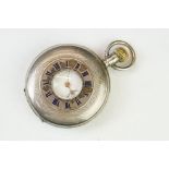 Silver half hunter top wind pocket watch, white enamel dial and seconds dial, black Roman