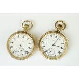 Waltham gold plated open faced top wind pocket watch, white enamel dial and seconds dial, black