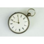 19th century silver open face key wind pocket watch, white enamel dial, black Roman numerals,