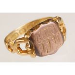 Mid 19th century 18ct gold signet ring with gold plated head, engraved initials to the shield shaped