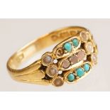 Mid 19th century turquoise and seed pearl 22ct yellow gold ring, two rows of small round cabochon