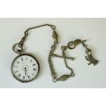 Silver open face fob watch, white enamel dial with hand painted floral wreath decoration to the