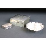 Queen Elizabeth II silver cigarette box of square plain polished form, wood lined interior,
