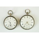 Silver open face key wind pocket watch, white enamel dial and seconds dial, black Roman numerals,