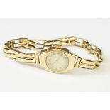 9ct gold ladies wristwatch, circular champagne dial, Arabic numerals, 9ct gold expandable bracelet