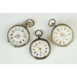 Three silver fob watches to include a continental example, engraved floral and foliate decoration to