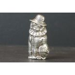 Silver novelty vesta case in the form of a dog wearing a ruff and hat. Hinged lid to the top,
