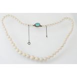 Opal necklace, sixty-two graduated round precious white opal beads, displaying green, yellow and
