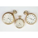 Three gold plated open face top wind pocket watches: Elgin, Waltham and Broughton of Ilkeston &