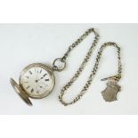 Silver full hunter pocket watch, white enamel dial and seconds dial, black Roman numerals and