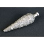 Indian white metal conical scent bottle, the chased decoration depicting a lion chasing an