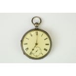 Silver open face key wind pocket watch, white enamel dial and seconds dial, black Roman numerals,