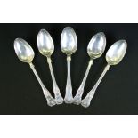Group of five Victorian silver hallmarked serving spoons each having moulded shell pattern