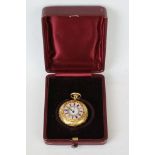 Enamelled 18ct yellow gold half hunter top wind fob watch, the case with engraved foliate and scroll