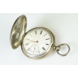 Victorian silver full hunter key wind pocket watch, white enamel dial and seconds dial, black