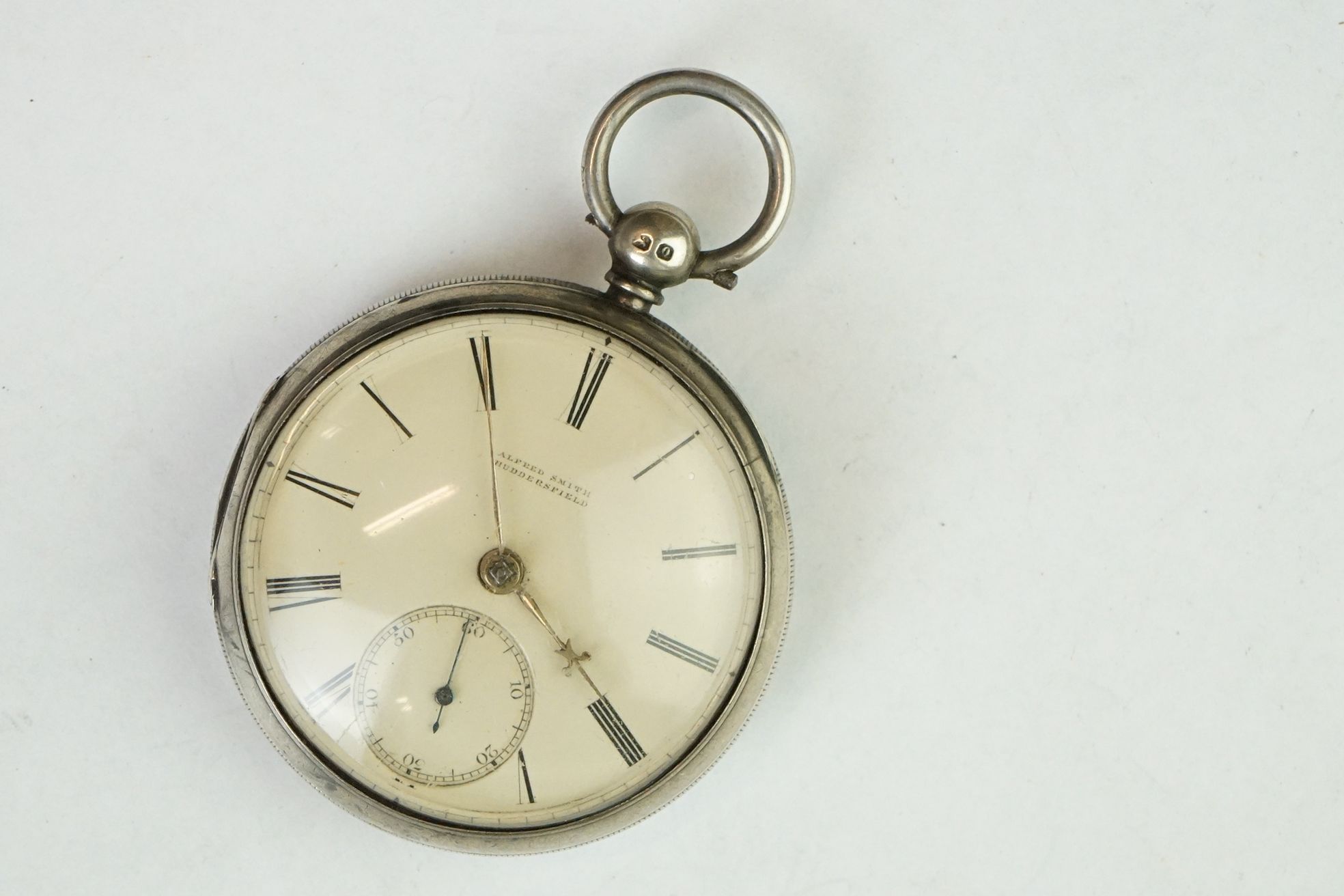 Victorian silver open face key wind pocket watch, Alfred Smith of Huddersfield, cream enamel dial