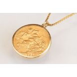 Full sovereign coin pendant necklace, Edward VII 1910, 9ct gold box link chain
