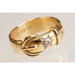 Diamond 18ct yellow gold buckle ring, round old cut diamond, diameter approx 3mm, gypsy set,