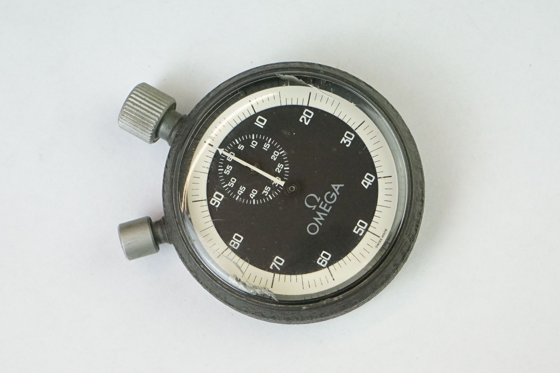 Omega stopwatch, black dial and seconds dial, white Arabic numerals and hands, white outer dial, - Image 4 of 6