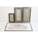Four Framed and Glazed Chinese Embroidered Silks, three depicting birds and foliage within a