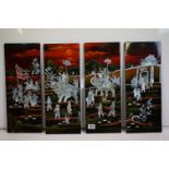 A Japanese lacquerware four piece hanging wall plaque set with mother of pearl figures and animals.