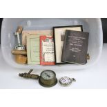 A box of mixed collectables to include a Goliath pocket watch, brass pressure gauge and a quantity