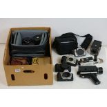 Large quantity of photography items to include Canon cameras, Nikon, Kodak box cameras, lots of