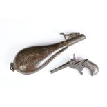 An antique pistol together with a leather powder flask.