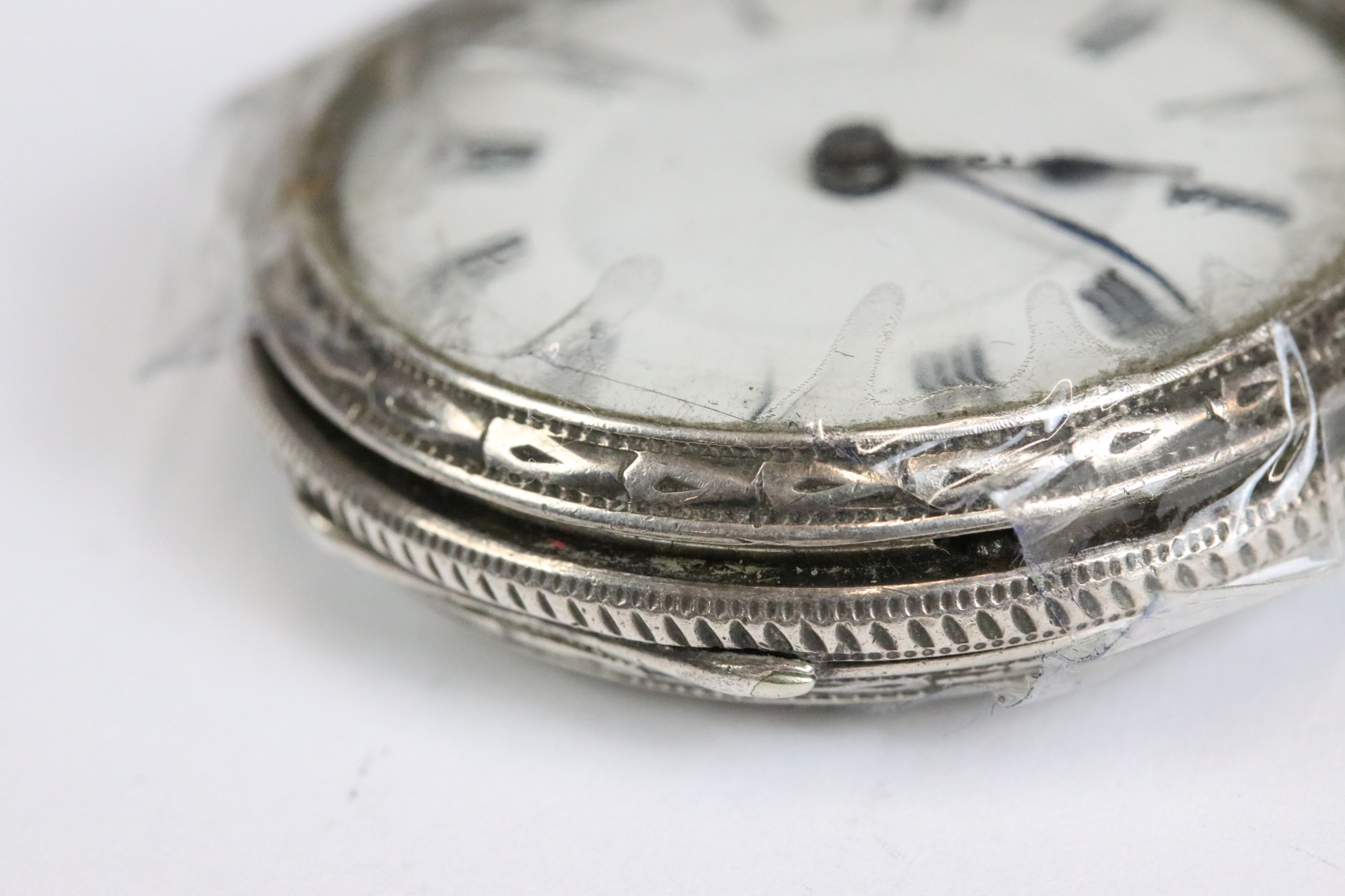 A collection of three silver cased ladies fob watches, two with enamel decoration to the dial. - Image 5 of 13