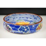 Hazel Leach studio pottery circular bowl, with hand painted floral and butterfly decoration on a