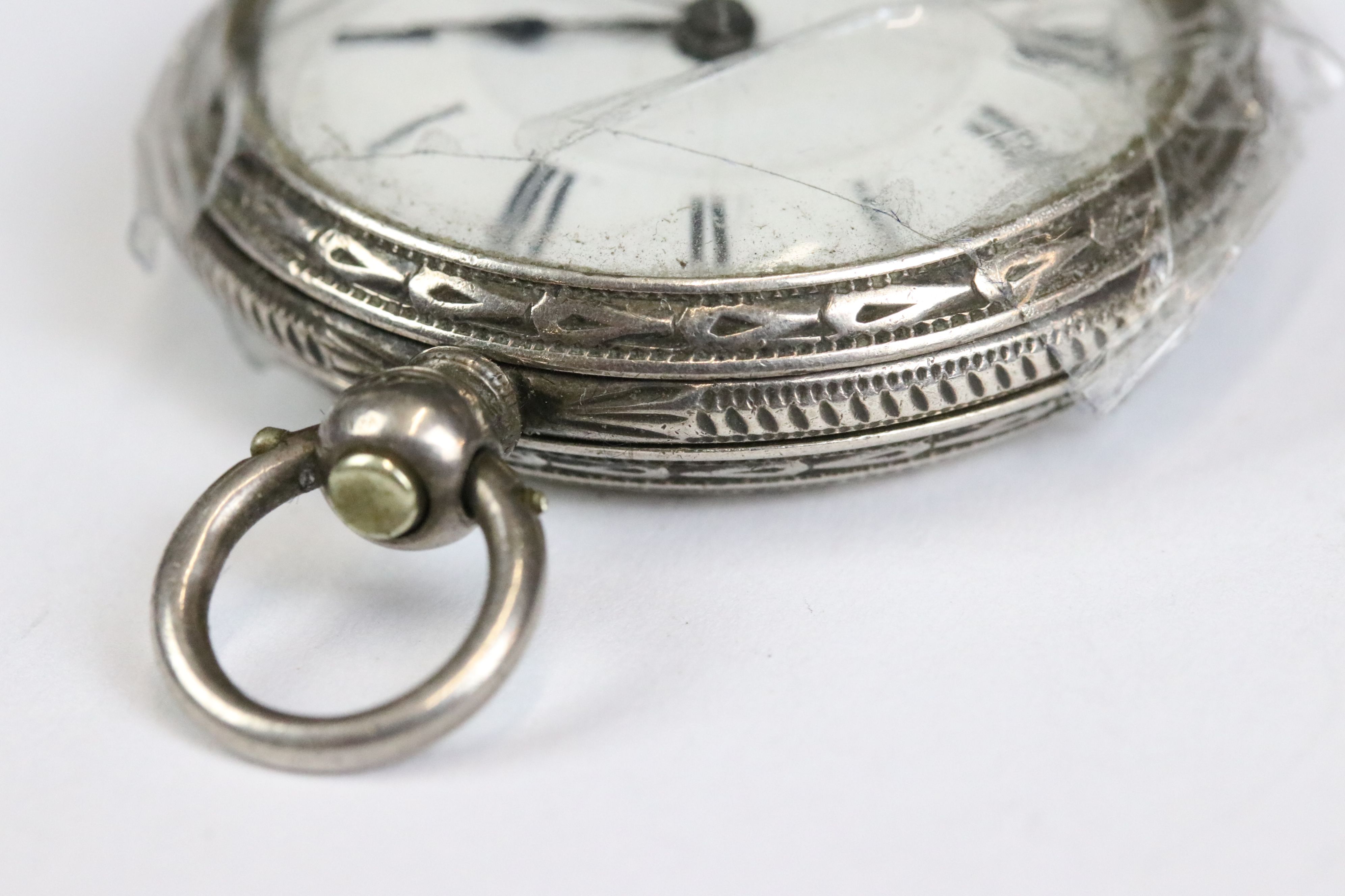 A collection of three silver cased ladies fob watches, two with enamel decoration to the dial. - Image 4 of 13