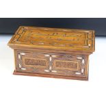 Islamic olive wood jewellery box inlaid with Islamic inscription and MOP petal motifs, the lid