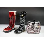 Three Laguna art glass vases, to include two in the form of boots (tallest approx 26cm)