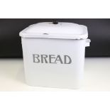 White enamel bread bin & cover, twin handles. Measures approx 31cm H x 34cm W