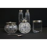 A box of mixed vanity collectables to include fully hallmarked sterling silver topped jars.