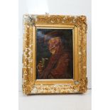 Antique oil on canvas portrait of an elderly bearded man holding a drinking goblet, 35cm x 25cm