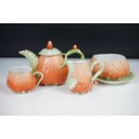 Novelty four-piece tea set in the form of Strawberries, to include a teapot & cover, sugar bowl,
